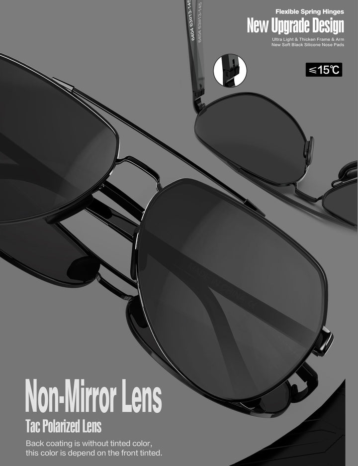 Men Aviator Sunglasses Polarized Shades Flexible Spring Hinge - Light Blue Mirror Lens Black Metal Frame 60mm