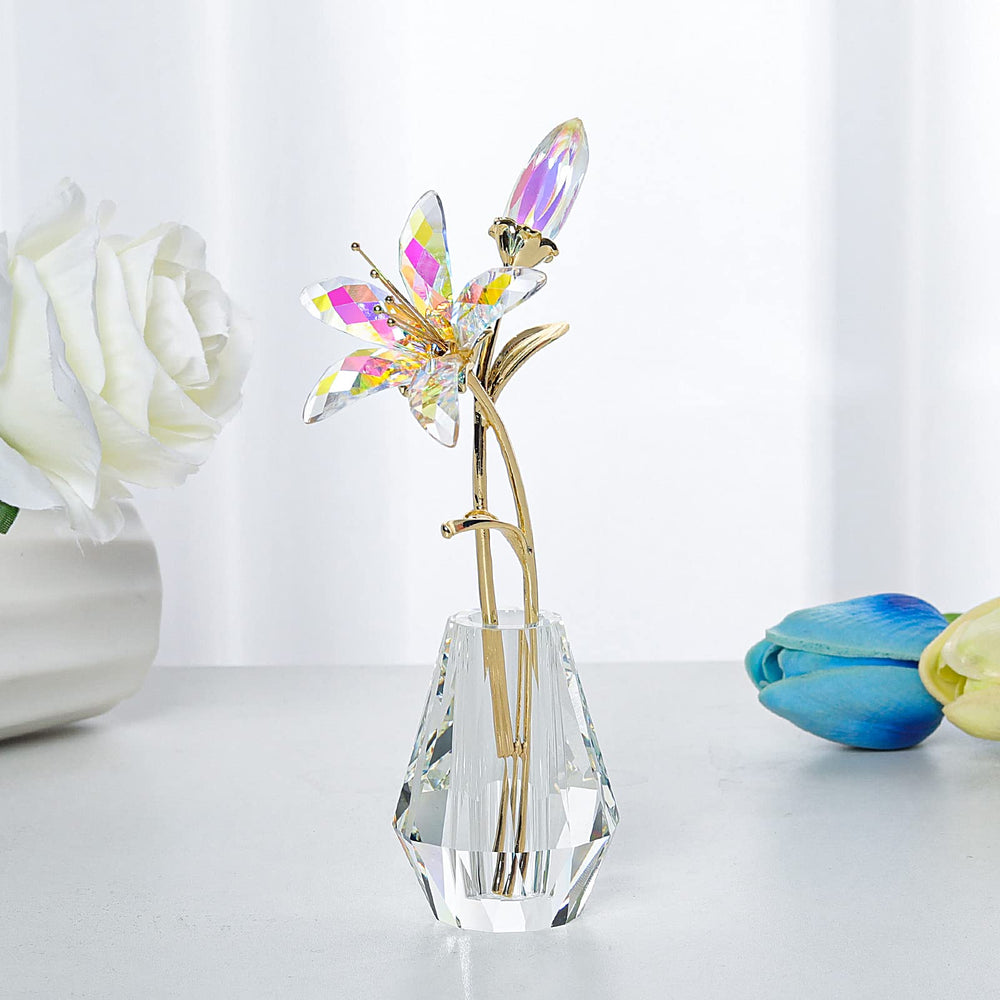 Crystal Artifical Tiger Lily Flowers with Crystal Vase - AB Coated Crystal Collectible Figurines Blooming Lily Flower for Home,Wedding - Gift Idea for Mothers Day, Valentine's Day