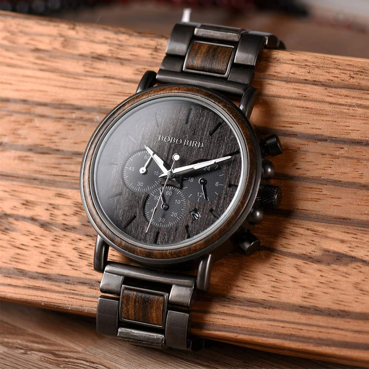 Mens Wooden Watches Business Casual Wristwatches Stylish Ebony Wood &amp; Stainless Steel Combined Chronograph with Wooden Box (Grey)