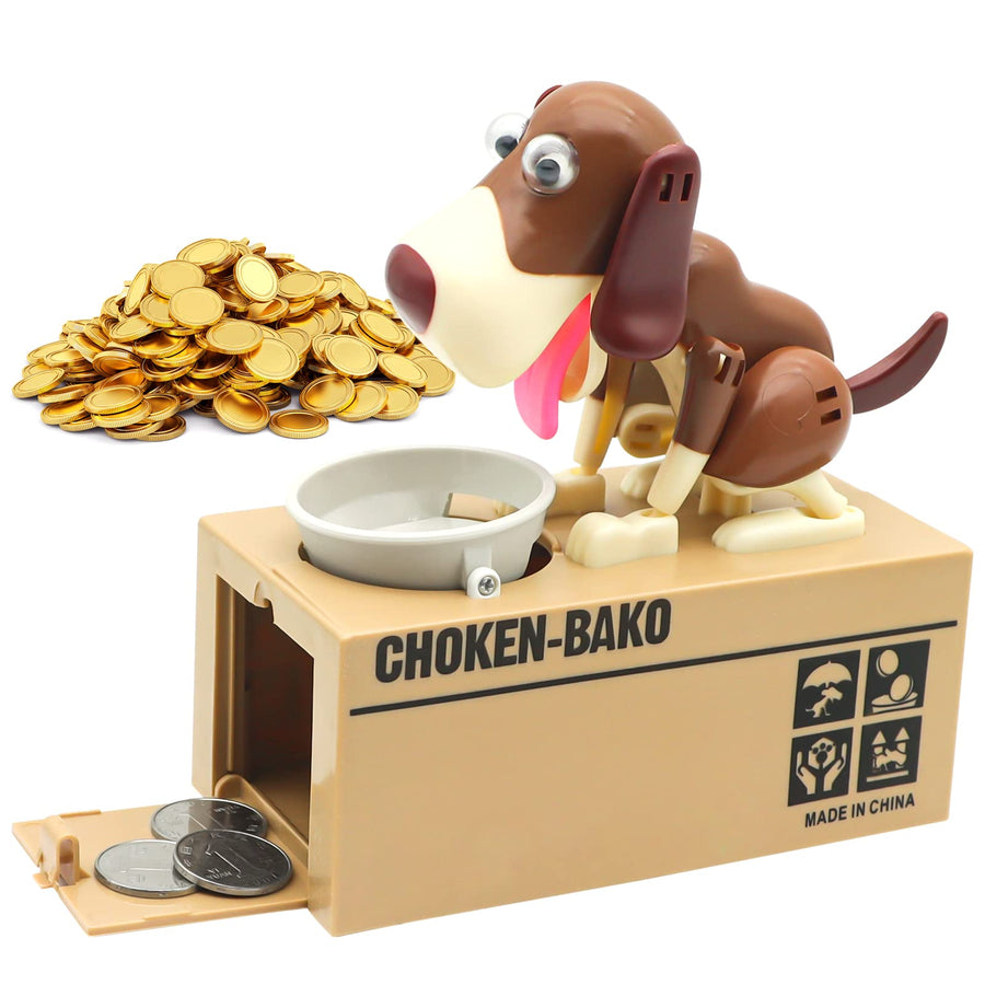 Cute Dog Piggy Bank, Hungry Puppy Stealing Coins Like Magic Coin Munching Money Bank Birthday Gift for Kids (Brown)