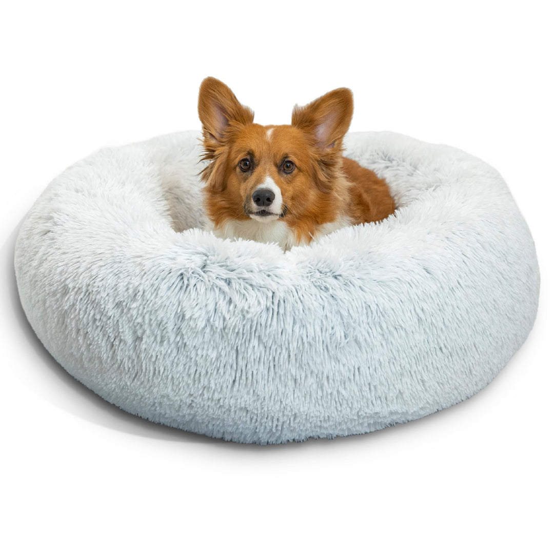 The Original Calming Donut Dog and Cat Bed in Shag Fur, Frost Gray, Medium, 30x30