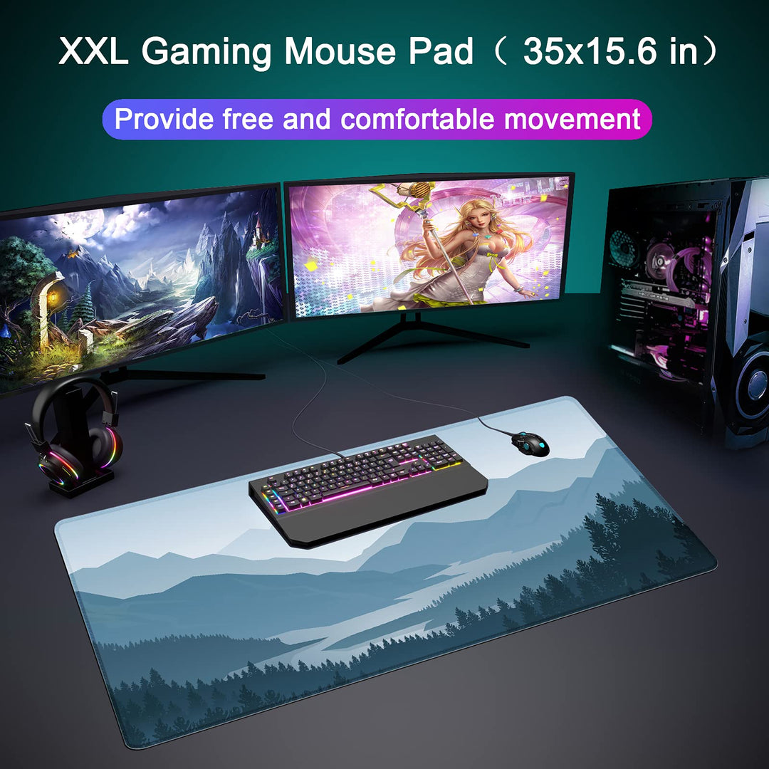 Desk Mat,Large Mouse Pad 35&#39;&#39;×15.6&#39;&#39;×0.12&#39;&#39; XXL Extended Gaming Mouse Pad Mat with Non-Slip Base Stitched Eges Mousepad for Computer,Office,Keyboard and Laptop - Vector Mountain