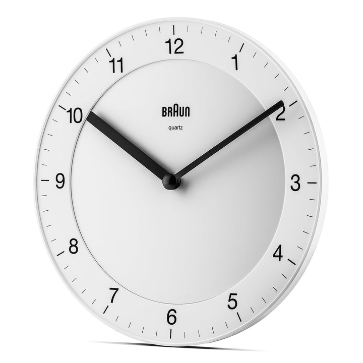 Braun Classic Analogue Wall Clock with Quiet Quartz Movement, Easy to Read, 20cm Diameter in White, Model BC06W.