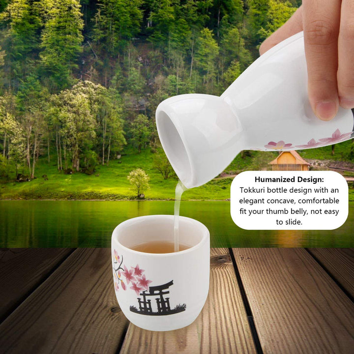Japanese Sake Set, 1 Tokkuri Bottle &amp; 4 Ochoko Cups, Spring Blossoms Ceramic Sake Set Microwave and Dishwasher Safe