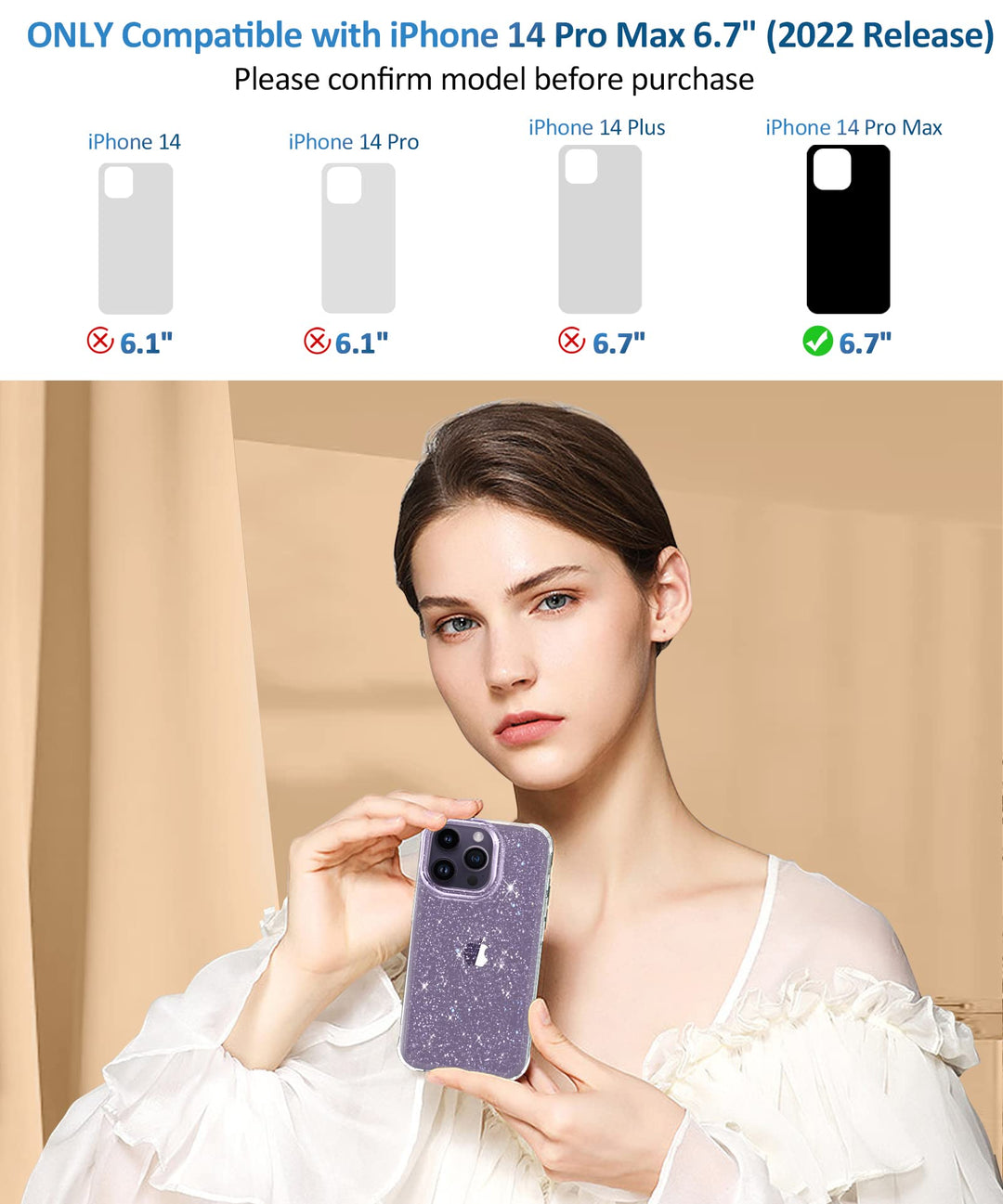 for iPhone 14 Pro Max Case with Screen Protector + Camera Lens Protector, [Non-Yellowing] Clear Glitter Phone Case, Shockproof Protective Women Cute Bumper Cover for 6.7 Inch - Sparkle Clear
