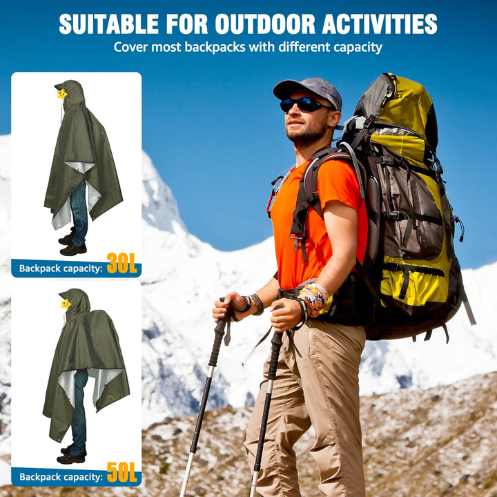 Waterproof Rain Poncho Lightweight Reusable Hiking Hooded Coat Jacket for Outdoor Activities(Army Green) One Size