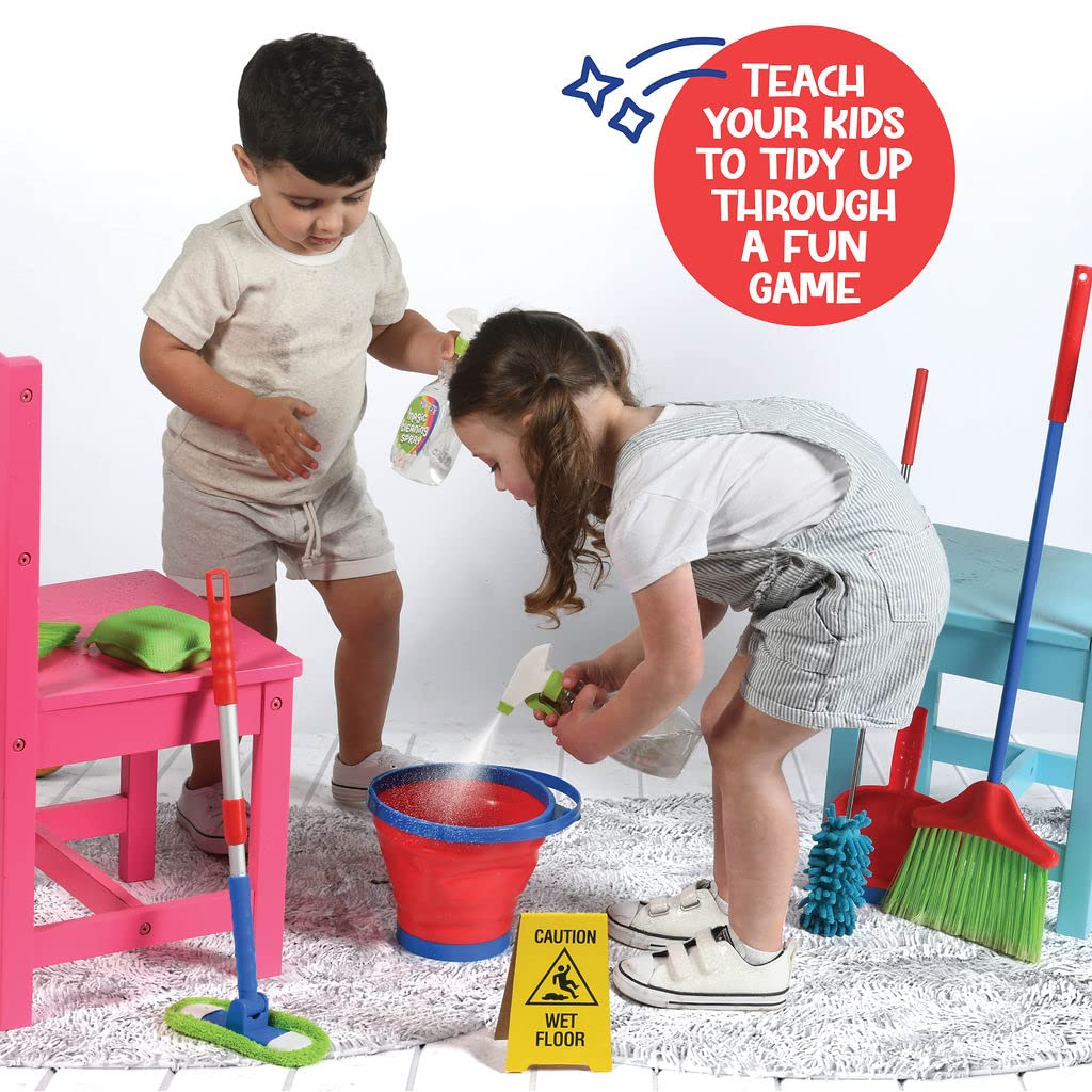 Kids Cleaning Set 12 Piece - Toy Cleaning Set Includes Broom, Mop, Brush, Dust Pan, Duster, Sponge, Clothes, Spray, Bucket, Caution Sign, - Toy Kitchen Toddler Cleaning Set - Original