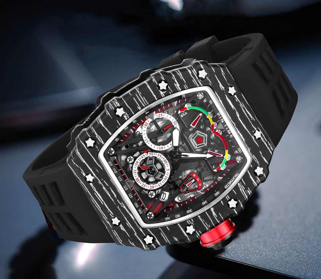 Mens Luxury Tonneau Square Watches Analog Punk Chronograph Unique Sports Wrist Watch Japanese Movement Luminous Design with Rubber Band (X Black Black)