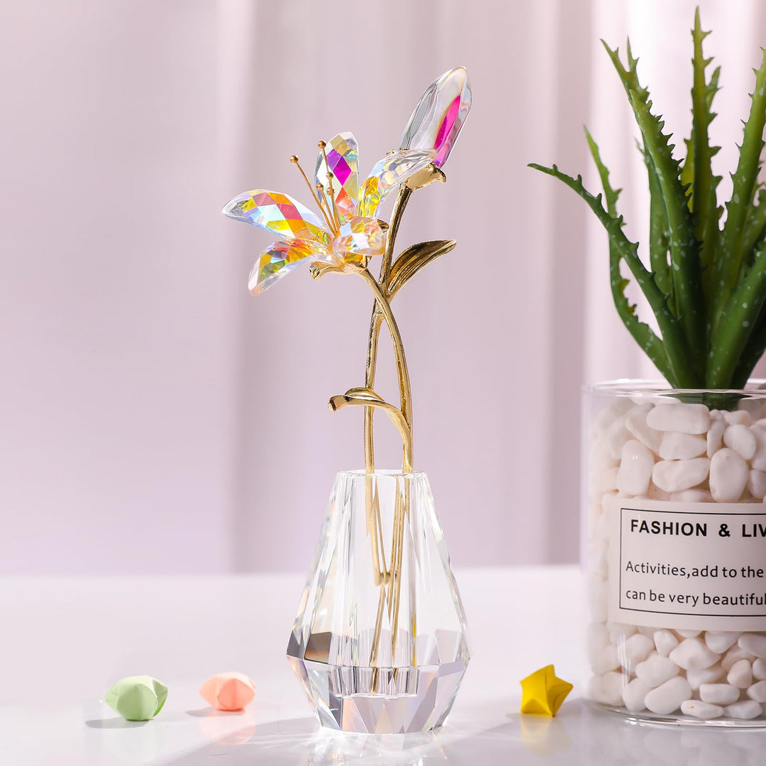 Crystal Artifical Tiger Lily Flowers with Crystal Vase - AB Coated Crystal Collectible Figurines Blooming Lily Flower for Home,Wedding - Gift Idea for Mothers Day, Valentine&#39;s Day