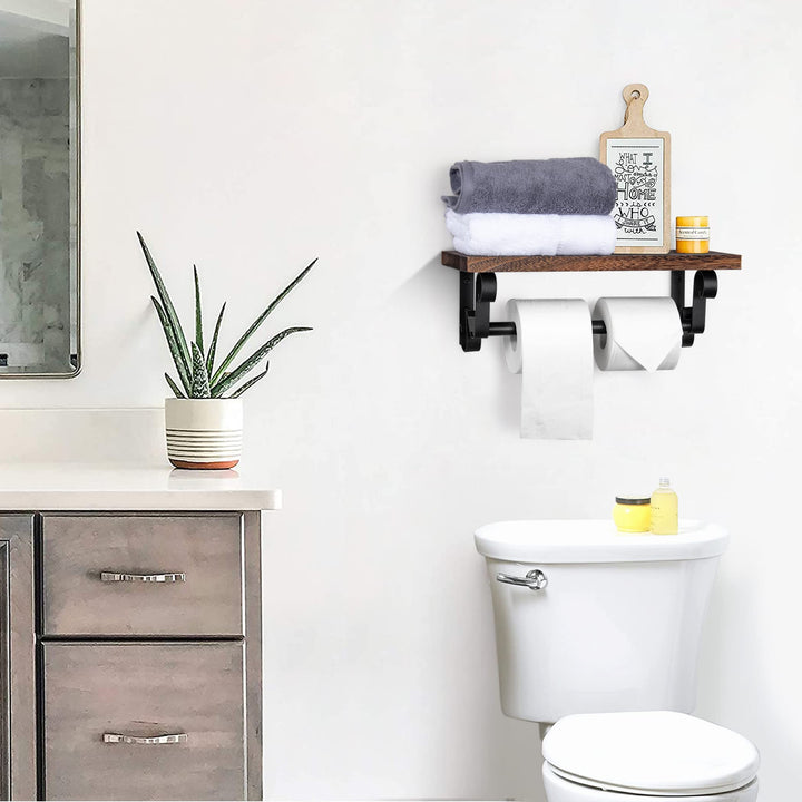 Lavievert Industrial Toilet Paper Holder, Double Roll Toilet Tissue Holder with Rustic Wood Shelf, Wall Mounted Pipe Toilet Paper Dispenser for Bathroom, Washroom, Kitchen - Brown