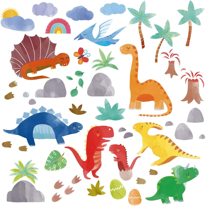 Watercolor Dinosaurs Jurassic Park Peel and Stick Wall Art Sticker Decals for Boys Room / Nursery / Classroom / Playroom