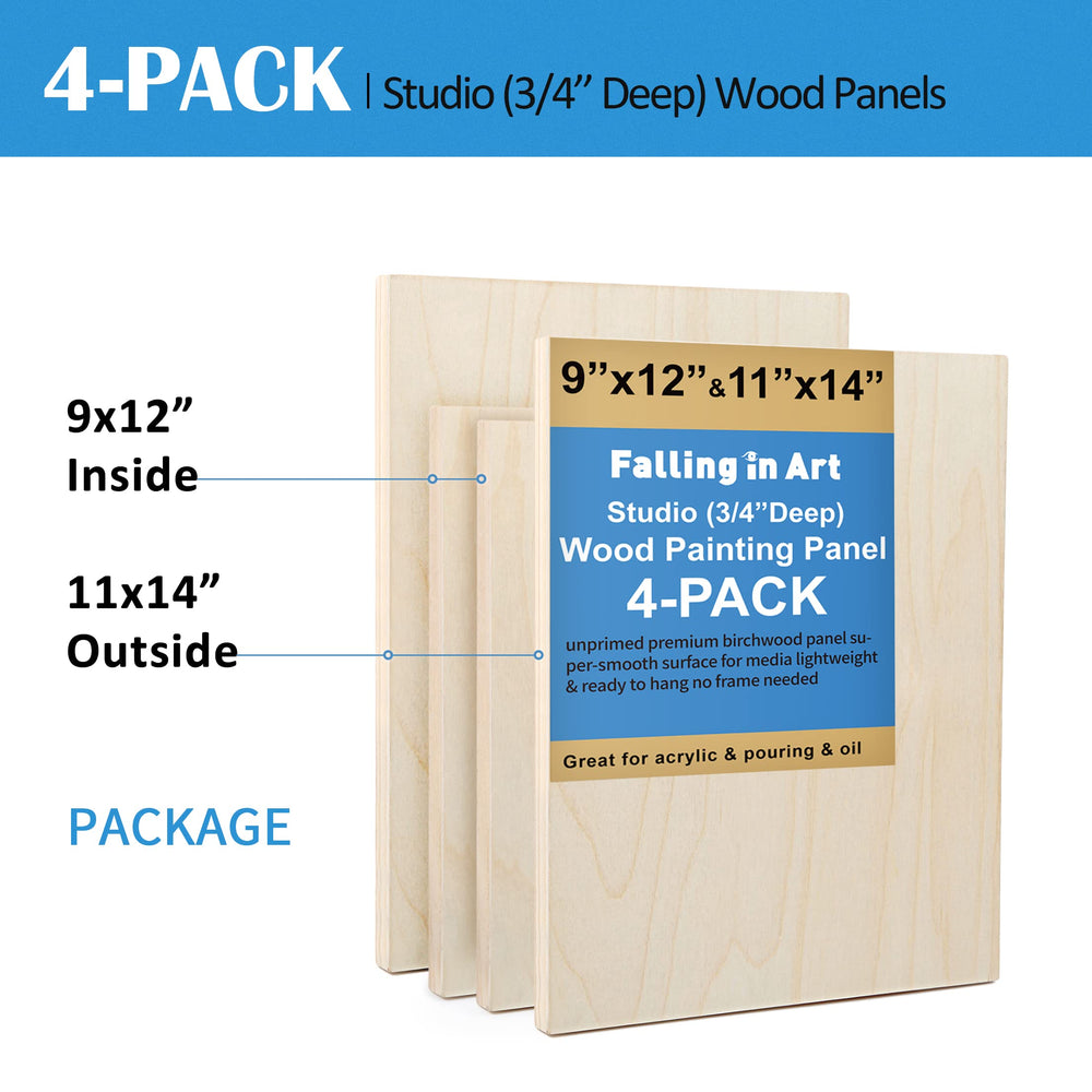 Unfinished Birch Wood Canvas Panels Kit, 4 Pack of 2 Sizes 11x14' and 9x12' Studio 3/4’’ Deep Cradle Boards for Pouring Art, Crafts, Painting, and More
