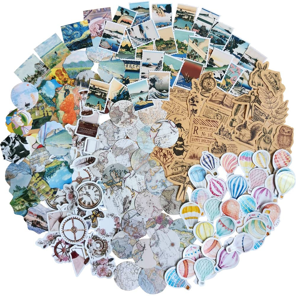 Kawaii Vintage Paper Journaling Sticker Set Animal Plant Owl Rabbit Bird Pocket Watch Famous Painting Hot Air Balloon Hemisphere for Gift Packing Scrapbooking Album Planner Journal Arts DIY Craft