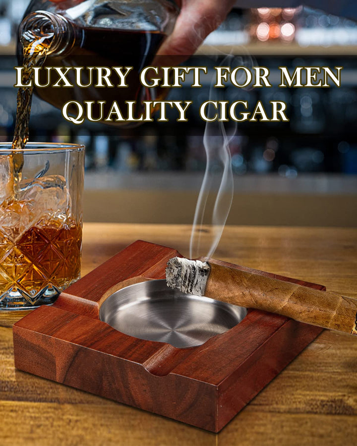 Wood Cigar Ashtray Accessories for Cigarettes - Indoor Outdoor Patio Home Office Use - Square Wooden Brown Ash Tray Gift Set for Men With Gift Box (Classic)