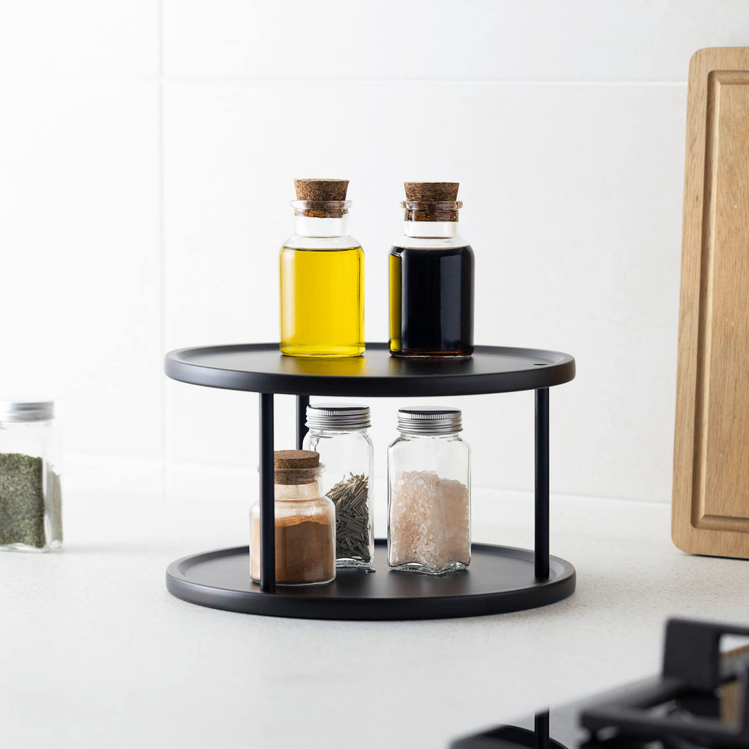 Two Tier Lazy Susan Storage Rack - Rotating Turntable Organizer for Kitchen Shelf Pantry Cupboard Fridge - Metal Rotating Vertical Spice Rack