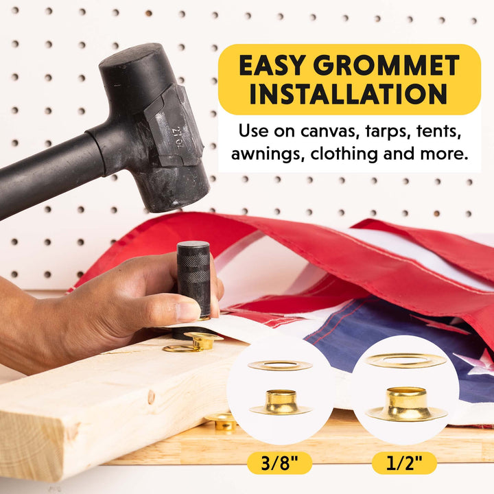 3/8-1/2 Grommet Kit - Rustproof Solid Brass Grommets for Tarp Repair, Reinforcing Canvases, and Fabric Rings