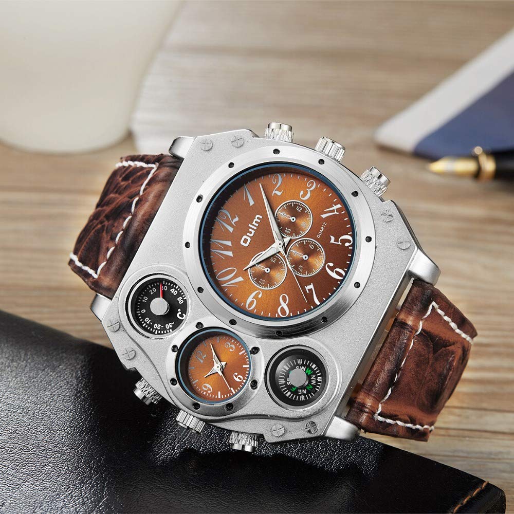 Mens Big Face Watch, Dual Time Zone Leather Strap Sport Watch, Analog Quartz Wrist Watch with Decorative Compass Thermometer Dial