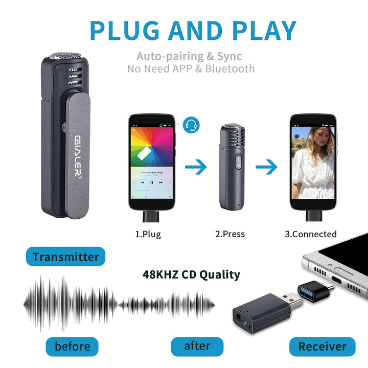 Gialer Lapel Mic to Computer Laptop Smart Phone with USB-A and Type-C Plug 2.4GHz for TikTok YouTube Facebook Live Stream Vlog Zoom - Plug&Play/Noise Reduction/Auto Sync