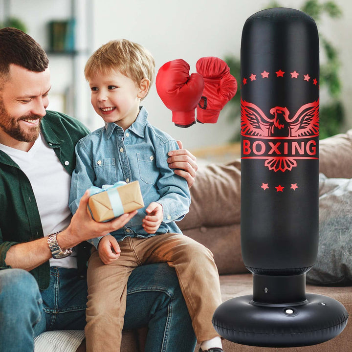 Inflatable Punching Bag for Kids 63 inch Boxing Punching Bag for Kids with Gloves, Punching Bag with Stand Adult Bounce Back Boxing Bag for Practicing Karate, Taekwondo, MMA (Red Gloves)