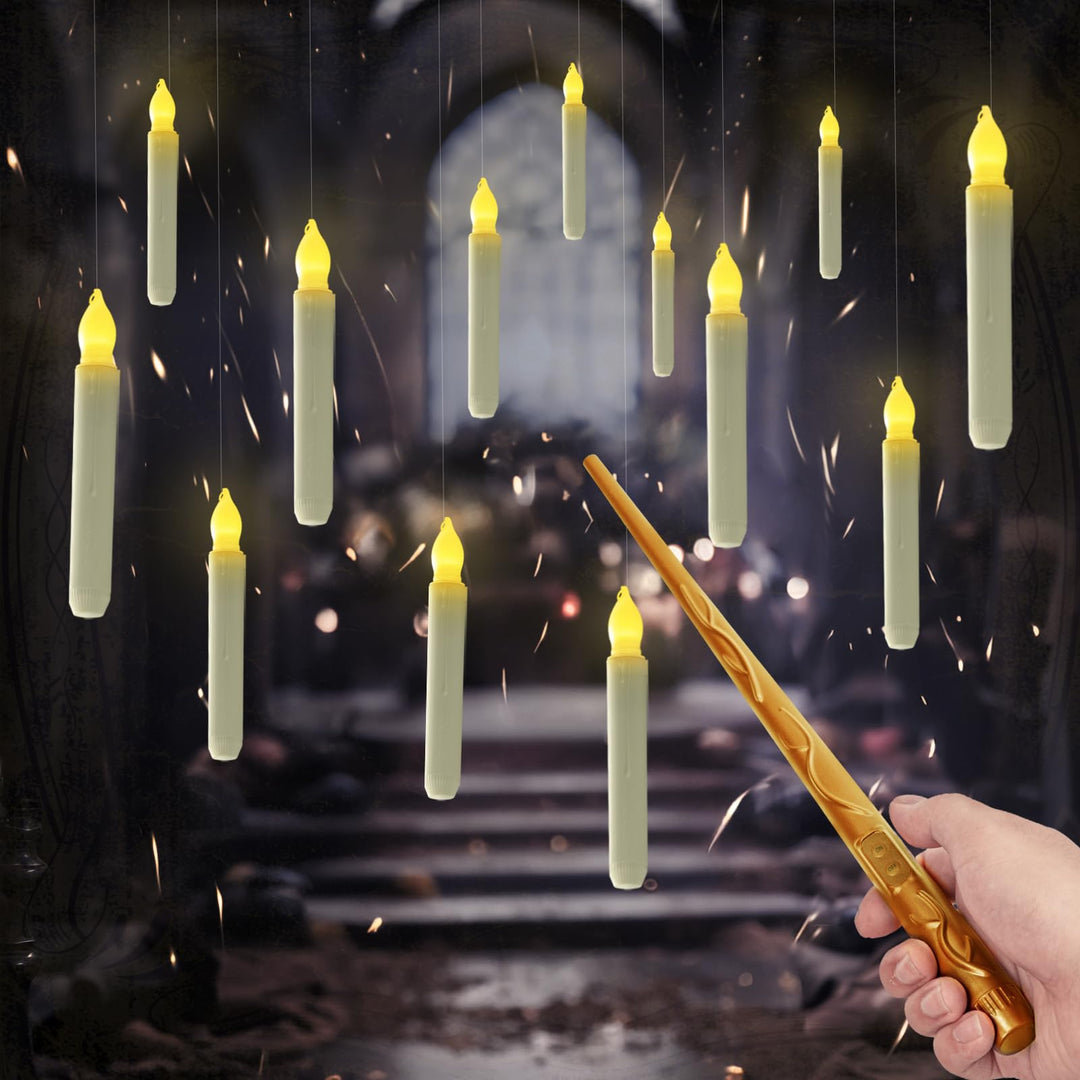 Hanging Floating Candles, NO Remote, 6.5 Inches Battery Operated Candlesticks, Flickering Flameless Taper Candles, 12 Pcs Dripless LED Handheld Candles Lights for Church Wedding Halloween