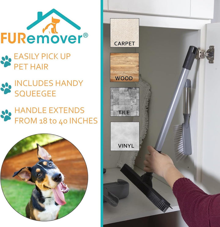 Compact Pet Hair Remover Rubber Broom with Carpet Rake and Squeegee, Gray and Black