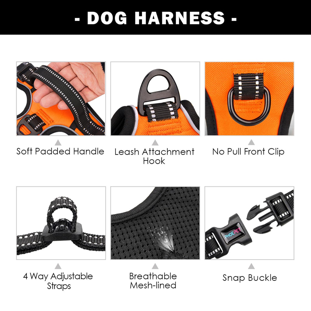 Reflective Dog Harness Large Breed Adjustable No Pull Vest with with Handle 2 Metal Rings 3 Buckles [Easy to Put on &amp; Take Off](L, Orange)