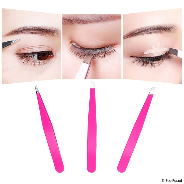 Tweezers - 2 Sets - Slant/Pointed/Flat - High Precision - Pluck Eyebrows, Apply Fake Eyelashes, Remove Facial/Body/Ingrown Hair - Essential Beauty &amp; Personal Care Tool - Pink and Black