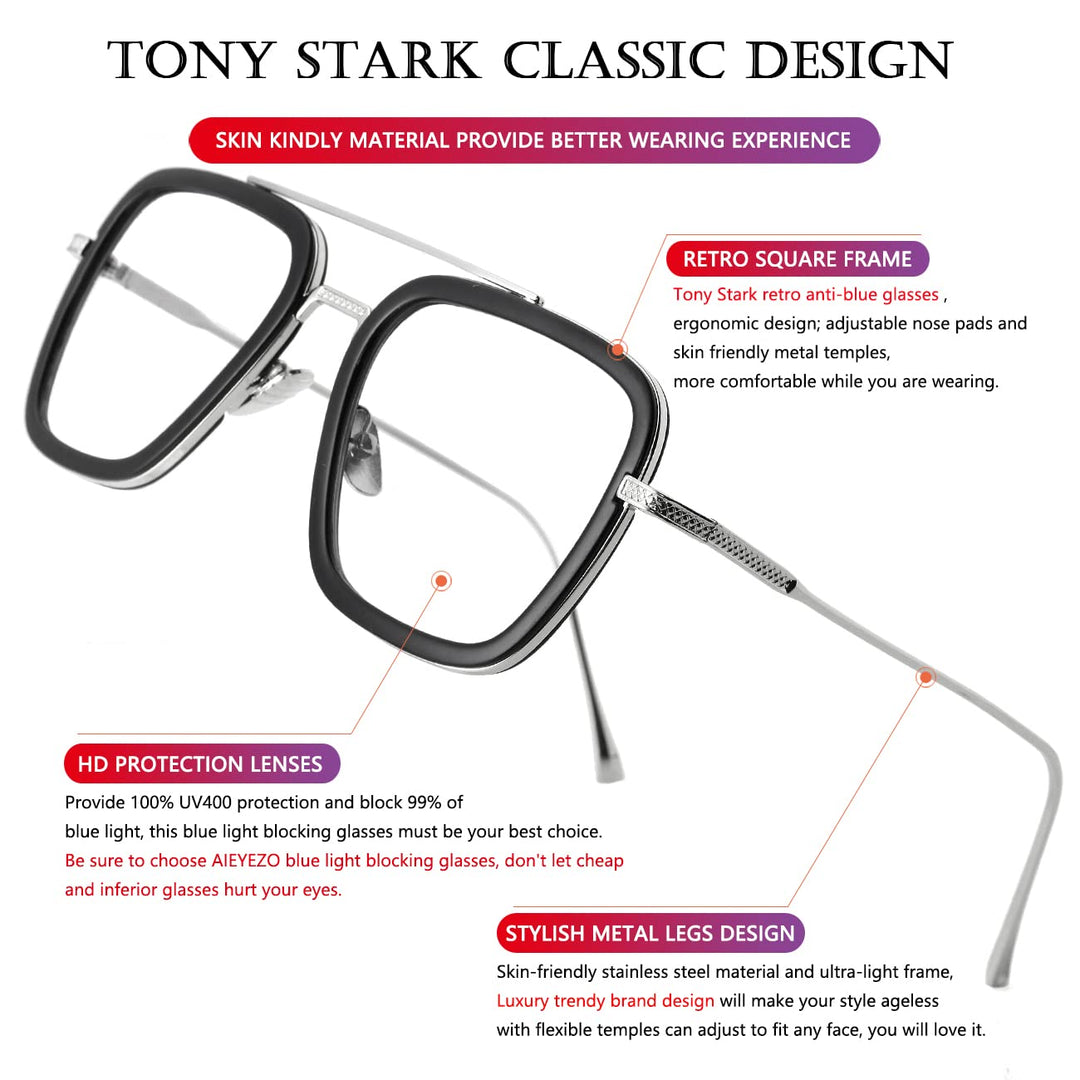 AIEYEZO Tony Stark Sunglasses Vintage Square Metal Fram