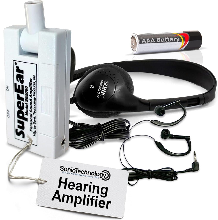 Personal Sound Amplifier Model SE5000 (PSAP), 50dB Gain, Hand Held Pocket Size Audio Amplifier with Headphones, EarBuds, Tactile On/Off Volume Control for Adults, Audiologists, and Seniors