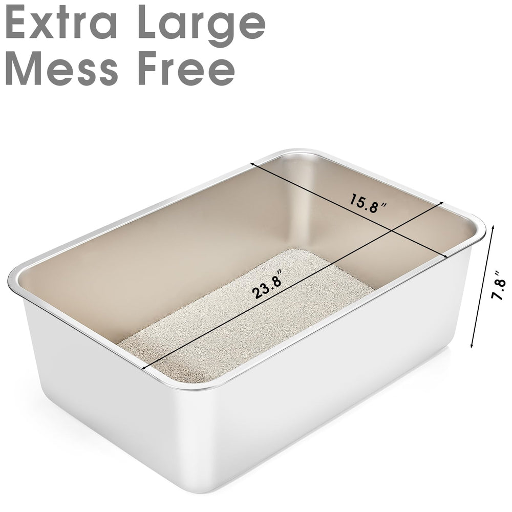 Stainless Steel Litter Box for Cat and Rabbit, Large Size with 8in High Sides and Non Slip Rubber Feet. Odor Control, Non Stick Smooth Surface, Easy to Clean, Never Bend