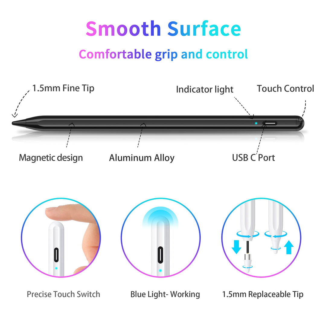 Stylus Pen, Tablet Pen Compatible for Android and iOS Touchscreens, Rechargeable Stylists Pen with Dual Touch Screen, Stylus Pencil for A-pple/Android/Tablet, Black