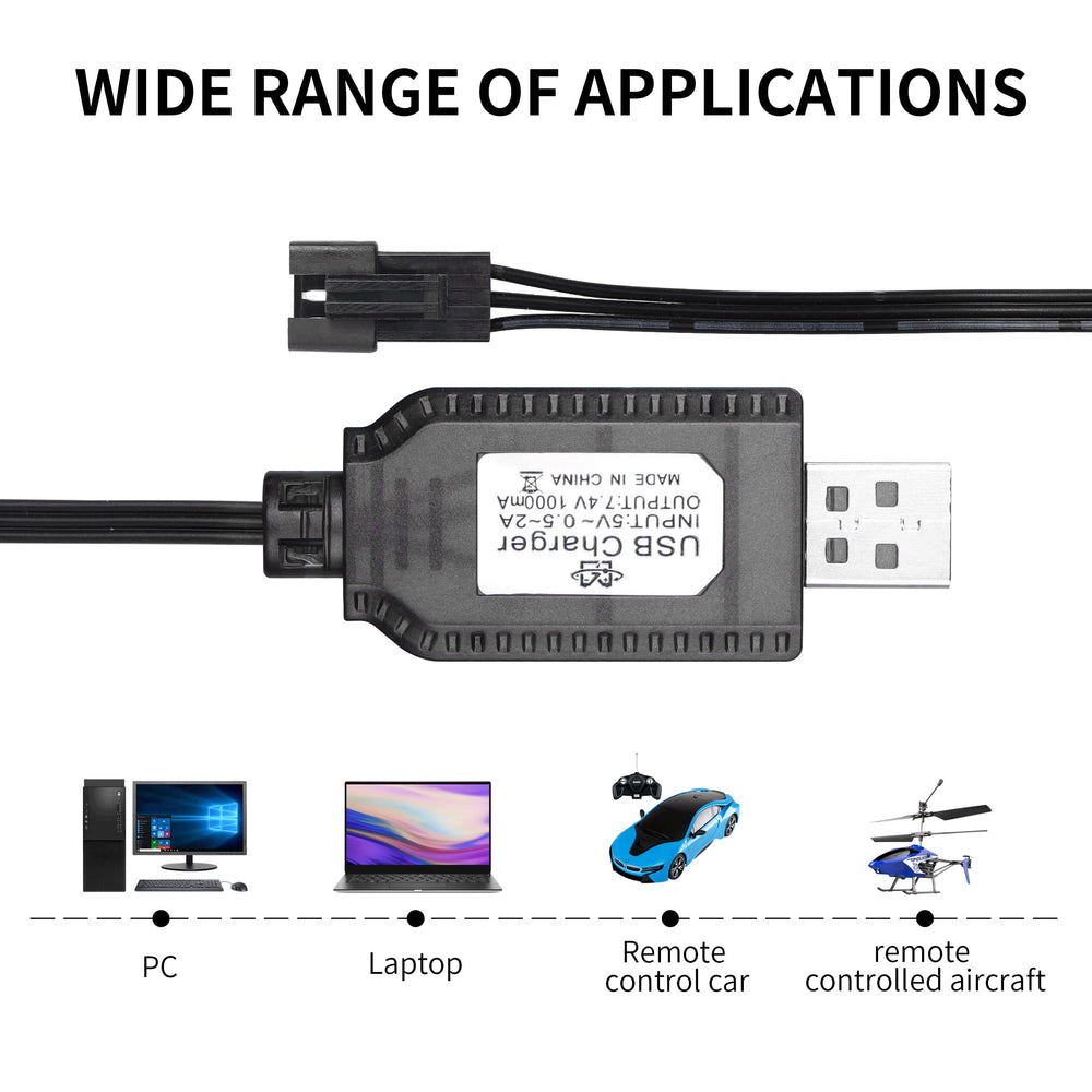 2 Pack 7.4V LiPo Battery USB Charger Cable with SM-3P Plug Connector for RC Model Vehicle Buggy Car Truck Boat