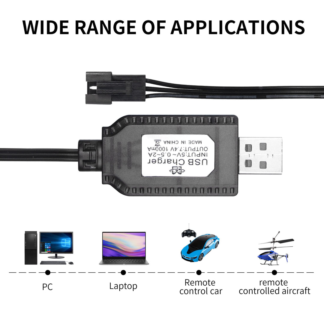 2 Pack 7.4V LiPo Battery USB Charger Cable with SM-3P Plug Connector for RC Model Vehicle Buggy Car Truck Boat