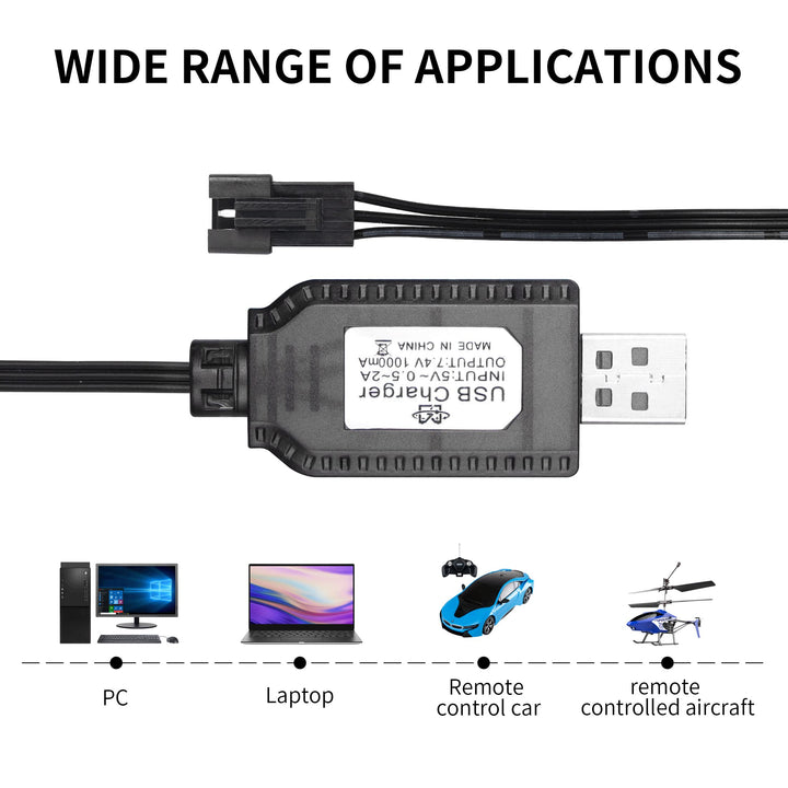 2 Pack 7.4V LiPo Battery USB Charger Cable with SM-3P Plug Connector for RC Model Vehicle Buggy Car Truck Boat