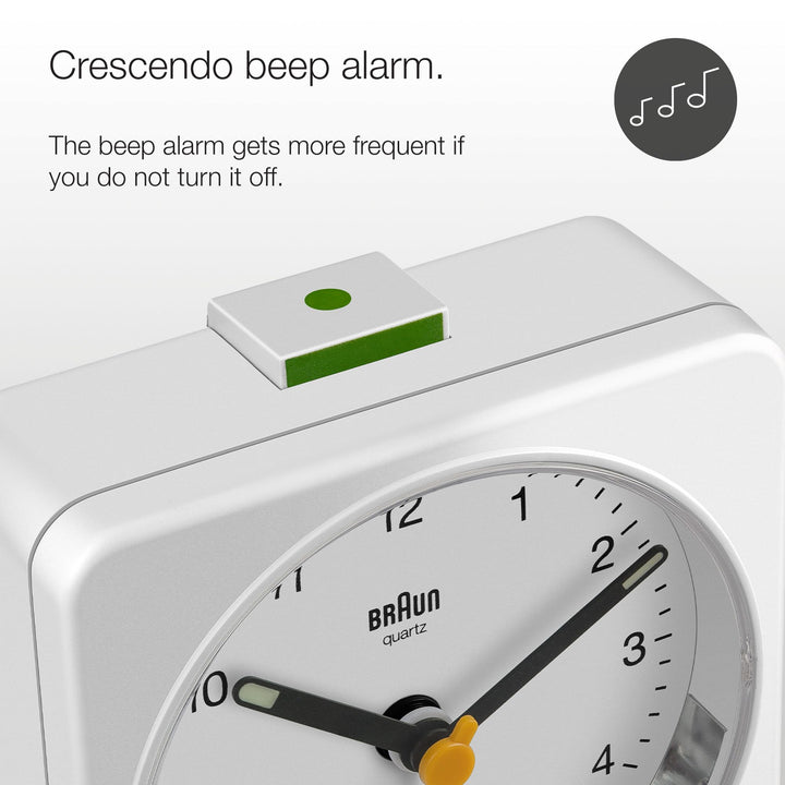 Braun Classic Analogue Alarm Clock with Snooze and Light, Quiet Quartz Sweeping Movement, Crescendo Beep Alarm in White, Model BC03W.