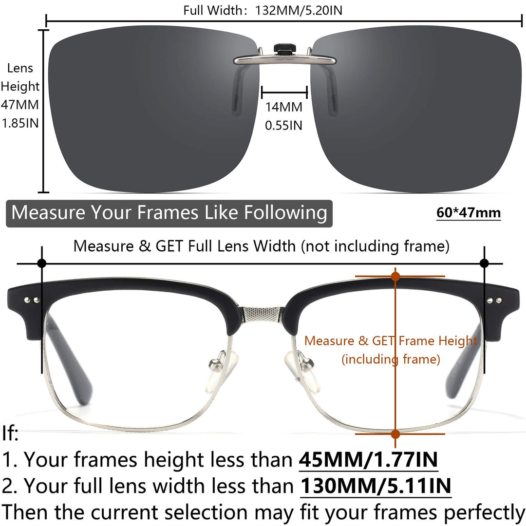 Polarized Clip On Rectangular Sunglasses Over Prescription Glasses Men Women Compact Fit Non-Flip Up, Black, Extra Large