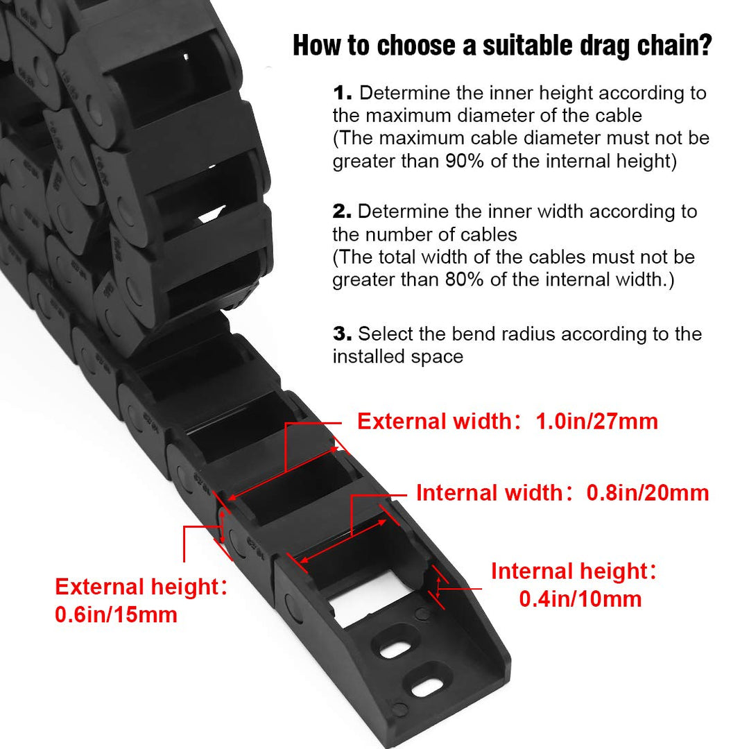 R18 10mm x 20mm(Inner H x Inner W) Black Plastic Cable Wire Carrier Drag Chain 1M Length for CNC, with End Connectors - Bridge Type (Non-openable)