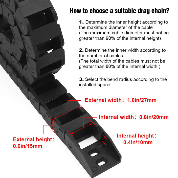 R18 10mm x 20mm(Inner H x Inner W) Black Plastic Cable Wire Carrier Drag Chain 1M Length for CNC, with End Connectors - Bridge Type (Non-openable)