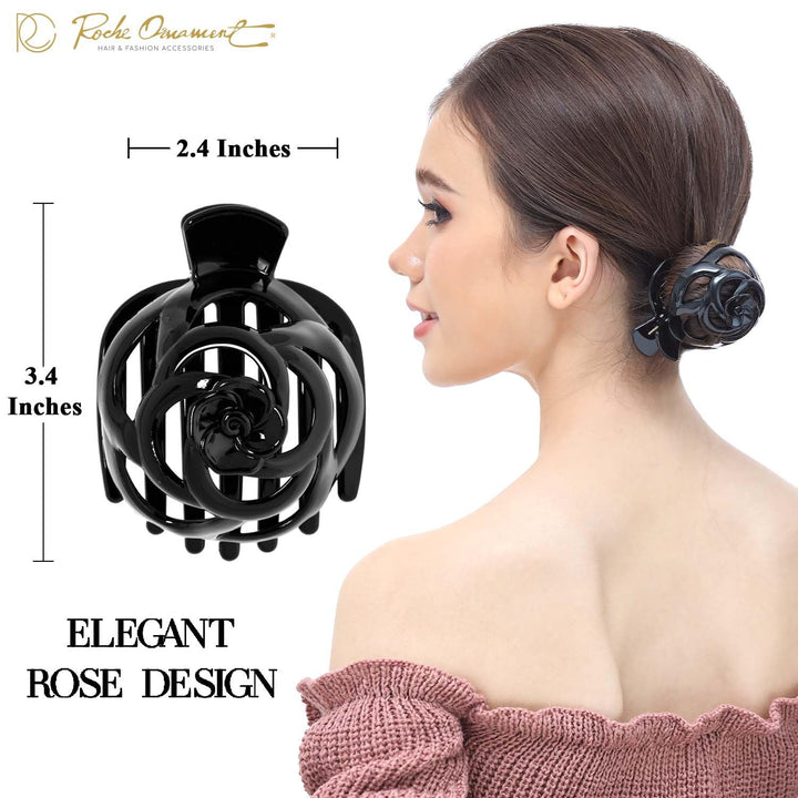 6 Pcs Womens Stylish Rose Dome Comb Clamp Shell Plastic No Slip Strong Secure Grip Side Slide Bun Maker Beauty Accessory Hair Clip, Medium Black