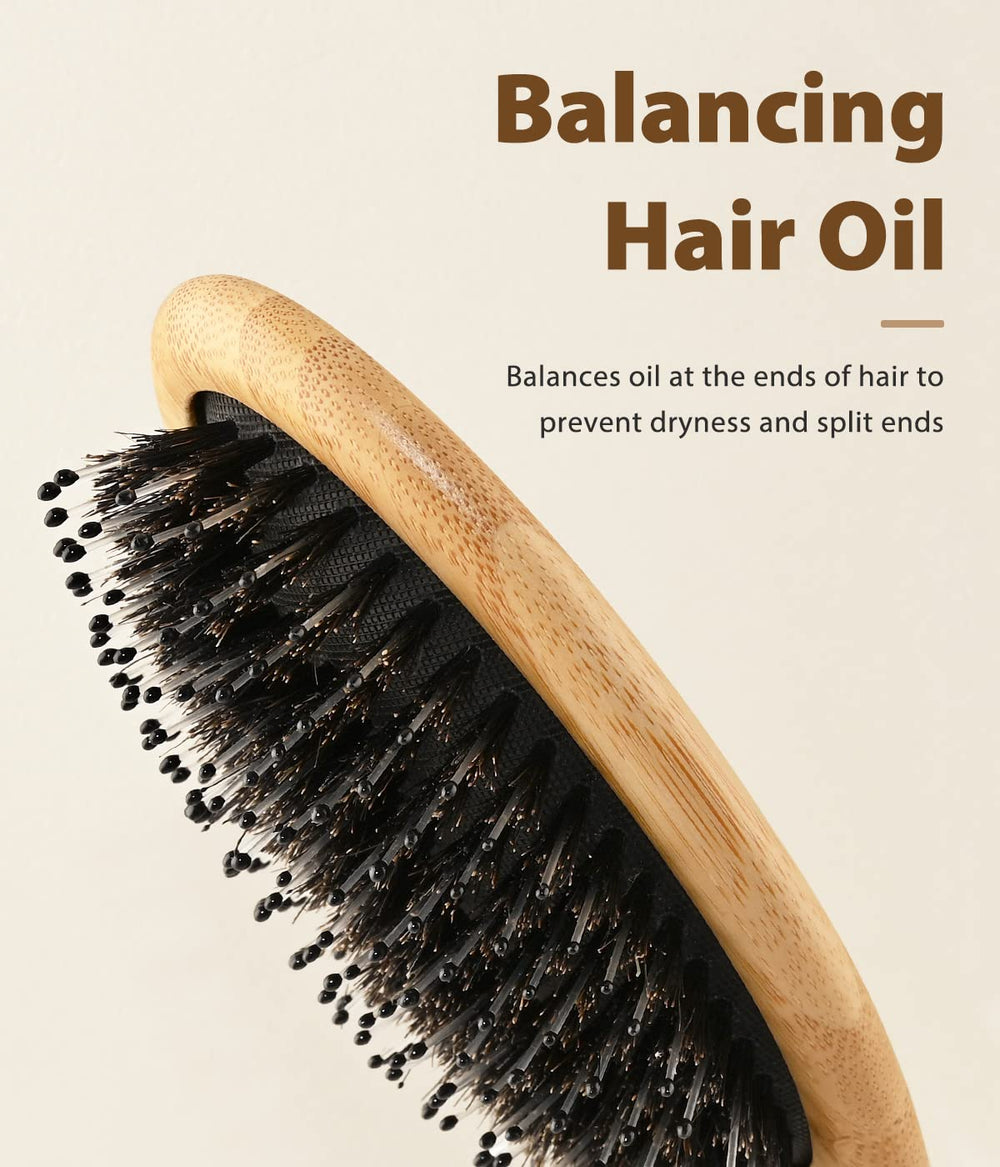 Boar Bristle Brush for Wet/Dry Hair - Smoothing, Massaging, Detangling, Reduce Frizz, Restore Shine - Bamboo Brush for Women, Men, Kids