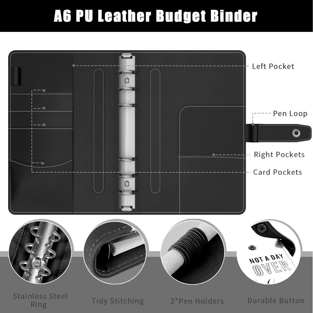 Cash Envelopes for Budgeting, 50 Pcs Budget Binder with Zipper Envelopes and Expense Budget Sheets, Waterproof PU Leather A6 Binder for Money Saving Planner Organizer (Black)