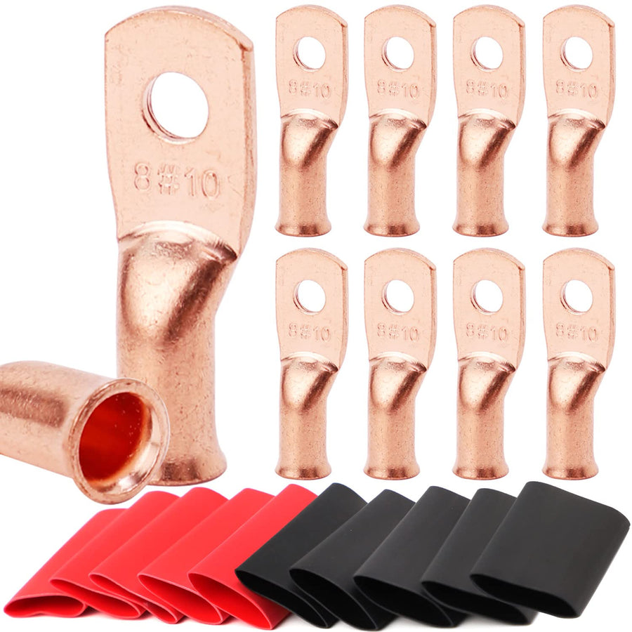 10pcs 8 AWG-#10 Ring Battery Lugs,with 10pcs 3:1 Heat Shrink Tubing,Battery Cable Ends,Heavy Duty Copper Wire Lugs,Tubular Ring Terminals,AWG Crimp Wire Ring Lugs,Battery Terminal Connectors