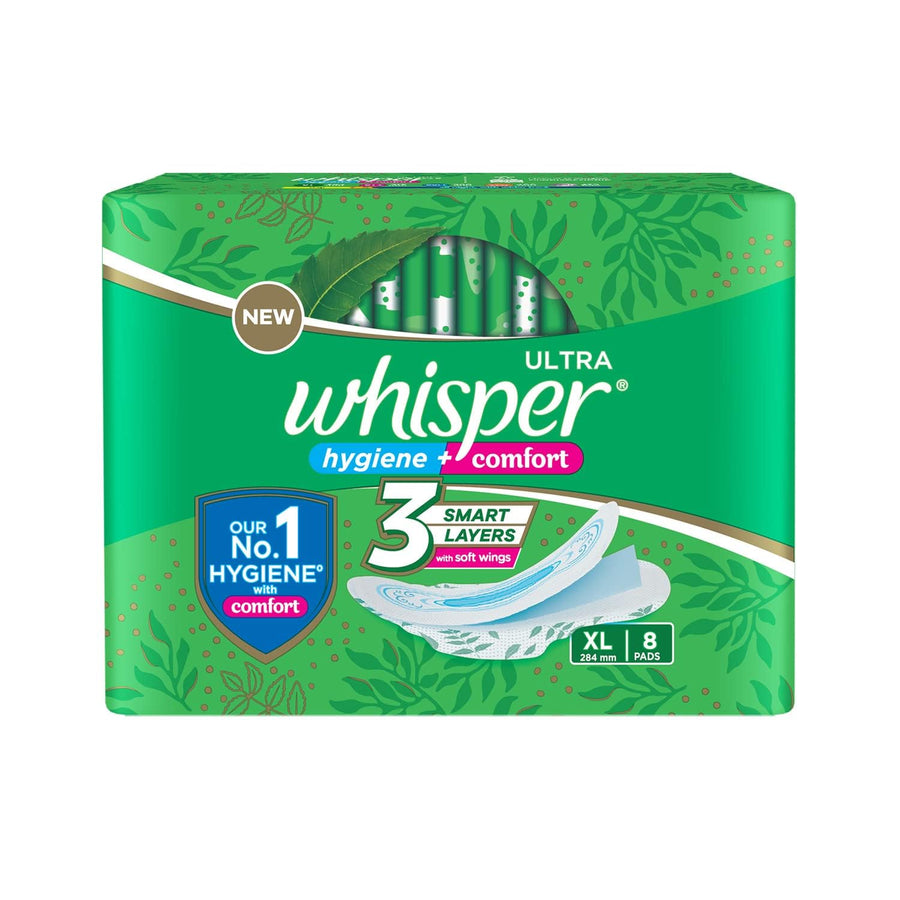WHISPER ULTRA HYGIENE+COMFORT SANITARY PADS, 8 XL PADS,