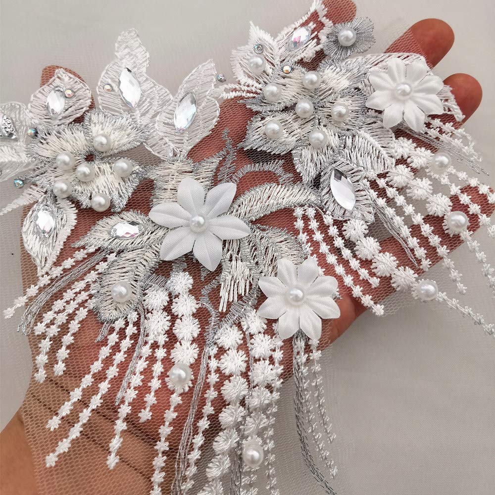 Lace Embroidered Pearl Rhinestone Patches Applique for DIY Fabric Trim Neckline Wedding Bridal Prom Dress Back Decoration (White, V-Neck)