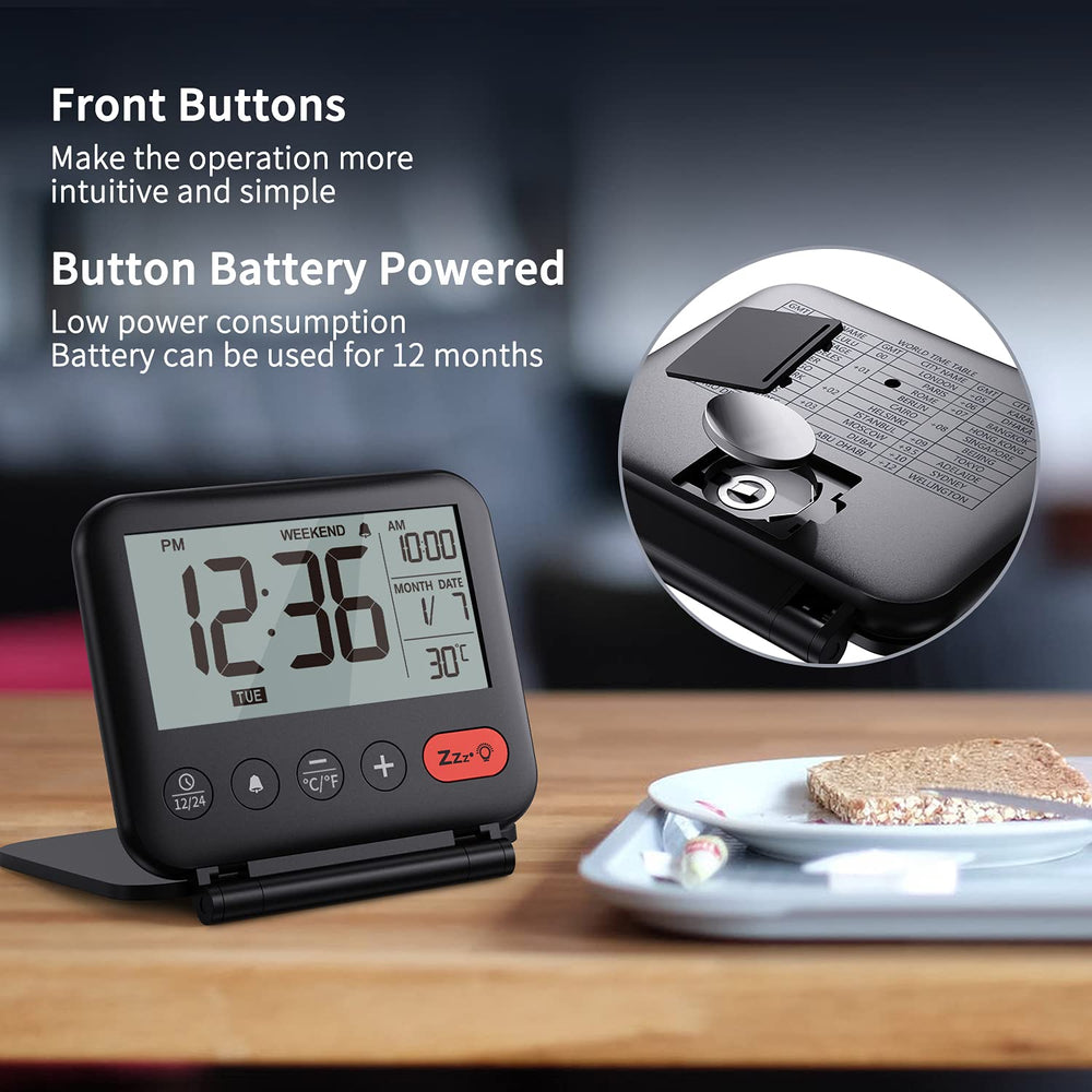 Digital Travel Alarm Clock for Bedroom Office: Small LCD Desk Clock with Backlight Date Temperature Snooze 12/24H Weekend Mode and Mirror, Battery Powered Folding Bedside Clock for Adult Kids
