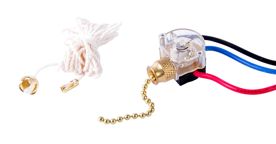 GSW-39 Electrical Three-Speed Pull Chain Switch, DP3T, OFF-ON(A)-ON(B)-ON(A+B), 6 A/125V AC, 6 inch Wire Terminal,Brass