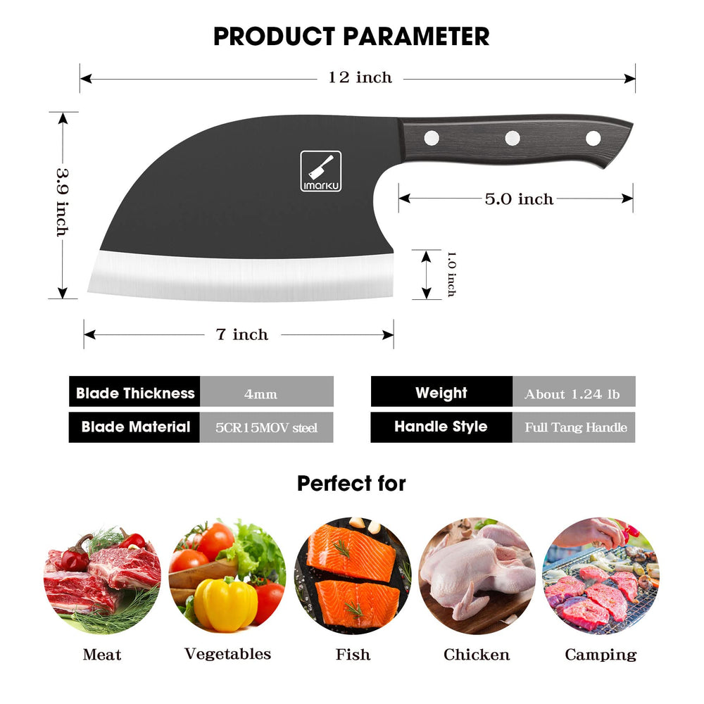 Butcher Knife, 7 Serbian Chef Knife, High-Carbon Steel Forged Full Tang Meat Cutter, Black Corrosion-Resistant Non-Stick Coating, Easy to Clean,With Leather Sheath,Christmas Gifts
