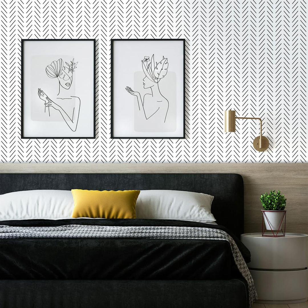 Black and White Peel and Stick Wallpaper Modern Herringbone Contact Paper Bathroom 17.7inch x 78.7inch Geometric Removable Wall Paper Peel and Stick Self Adhesive Contact Paper
