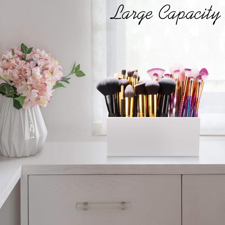 Makeup Brush Holder Organizer Cosmetic Brushes Container Storage 3 Slots - Great for Vanity (White)