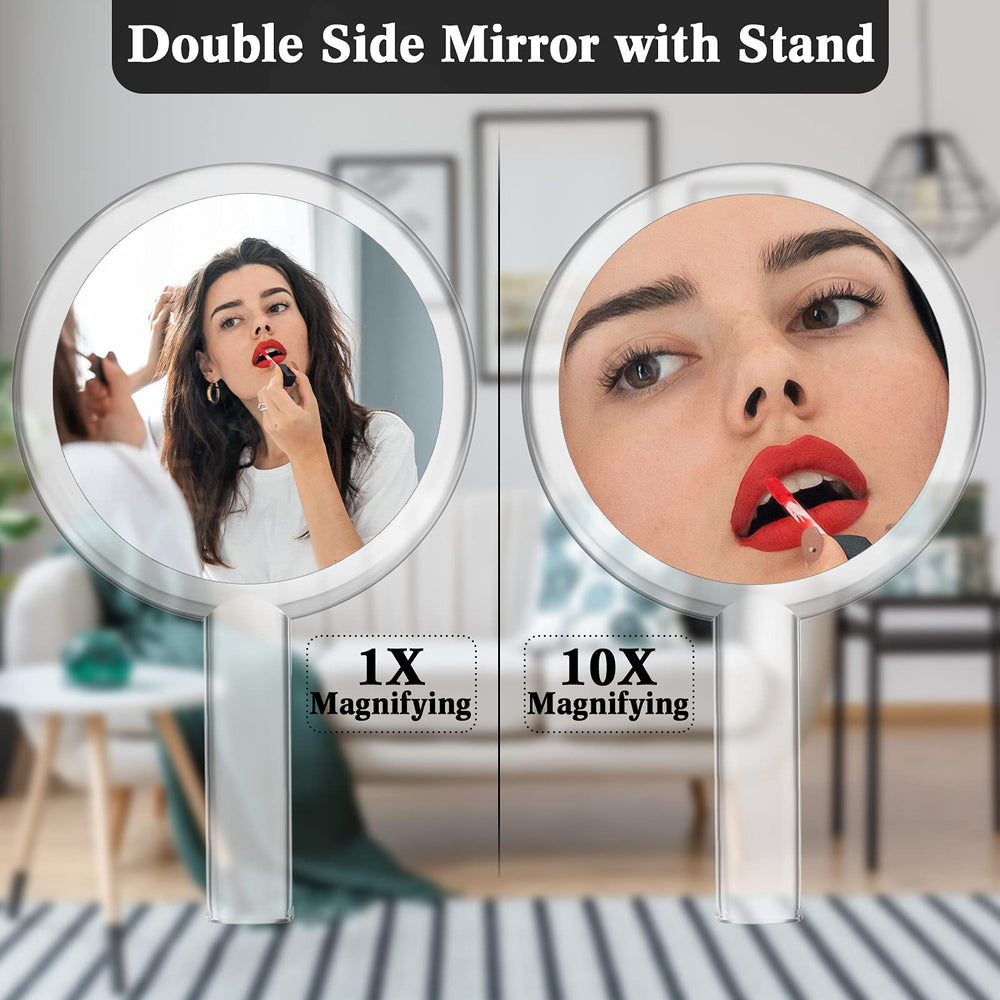 Double-Sided Handheld Mirror with Stand, 1X/10X Magnifying Mirror, Clear Adjustable, Round Shape, 25.8 x 15 cm